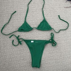 Aerie Dark Green Ribbed Triangle Bikini Set